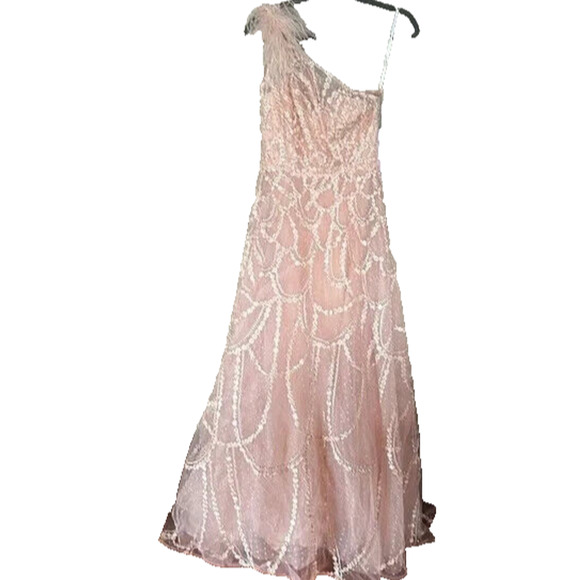 Mac Duggal Embellished One Shoulder Feather Accent Dress‎ Sz 2 Peach $798 NEW - Picture 5 of 9